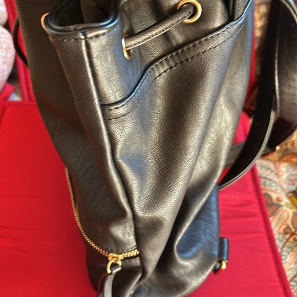 HYNES VICTORY Black Faux Leather Drawstring Backpack - 12" x 13" - Picture 7 of 12